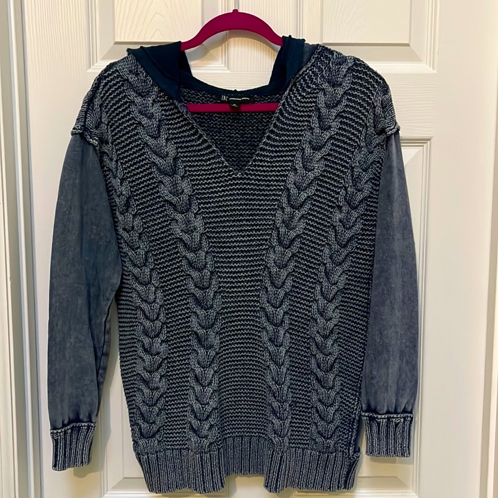 Navy INC  cotton cable knit pullover with hood